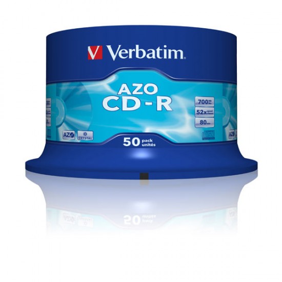 VERBATIM CD-R AZO 700MB 52X 50 PACK SPINDLE CRYSTAL SURFACE 43343