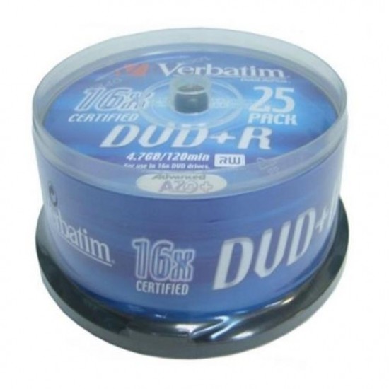 VERBATIM DVD+R 4.7GB 16X 25 PACK SPINDLE MATT SILVER SURFACE 43500