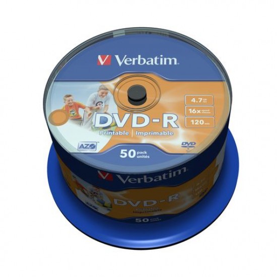 VERBATIM DVD-R, 4.7GB 16X 50 PACK SPINDLE WIDE INKJET PRINTABLE SURFACE 43533