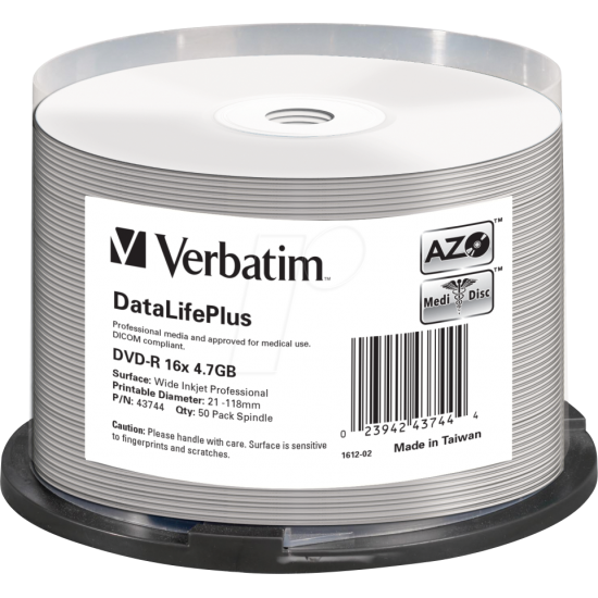 VERBATIM DVD-R 4,7GB 16X 50 PACK SPINDLE DATALIFE PLUS WIDE INKJET PRINTABLE PROFESSIONAL 43744