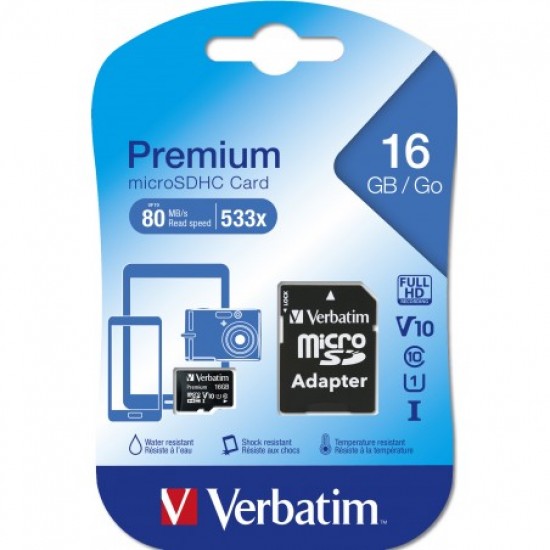 VERBATIM MICRO SDHC 16GB CLASS 10 CARD W/ADAPTER