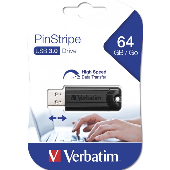 VERBATIM PENDRIVE PINSTRIPE 64GB HIGH SPEED RETRACTIL USB 3.2 BLACK
