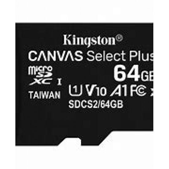 KINGSTON CANVAS SELECT PLUS MEMORY CARD 64GB MICROSD CLASS10 UHS-I SDCS2/64GBSP KINGSTON CANVAS SELECT PLUS MEMORY CARD 64GB MICROSD CLASS10 UHS-I SDCS2/64GBSP