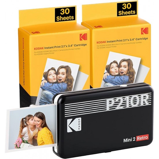 KODAK MINI 2 RETRO INSTANT PHOTO PRINTER P210R BLACK 2.1X3.4 + 60SHEETS