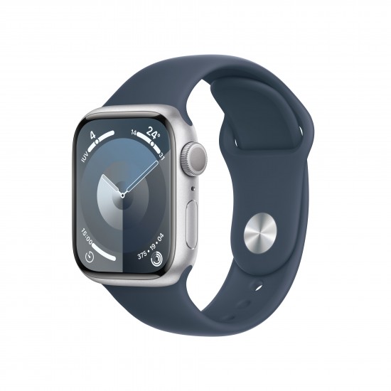 APPLE WATCH SERIES 9 41MM SILVER ALUMINIUM CASE WITH STORM BLUE SPORT BAND M/L GPS MR913QL/A