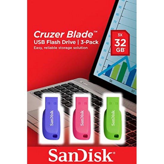 SANDISK  CRUZER BLADE 3x 32GB FLASH DRIVE USB TYPE 2.0 BLUE, GREEN, PINK SDCZ50C-032G-B46T