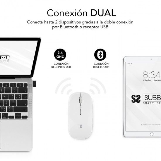 SUBBLIM DUAL FLAT MOUSE RECHARGEABLE 1600 DPI WHITE SUBMO-DFLAT21 SUBBLIM DUAL FLAT MOUSE RECHARGEABLE 1600 DPI WHITE SUBMO-DFLAT21