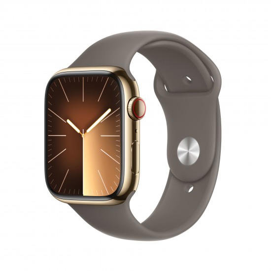 APPLE WATCH SERIES 9 45MM GOLD STAINLESS STEEL CASE WITH CLAY SPORT BAND MRMT3QL/A