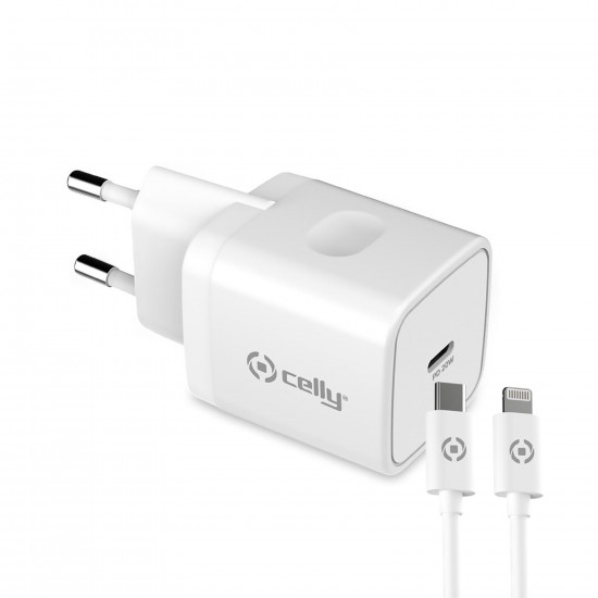 CELLY 20W USBC MAINS CHARGER AND USBC-LIGHTNING CABLE WHITE TC1C20WLIGHTWH