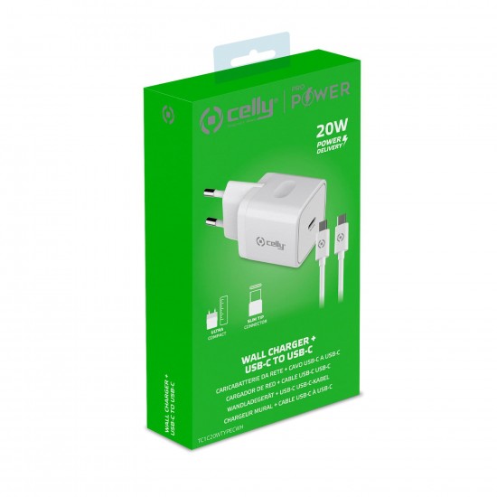 CELLY 20W USBC MAINS CHARGER AND USBC-USBC CABLE WHITE TC1C20WTYPECWH
