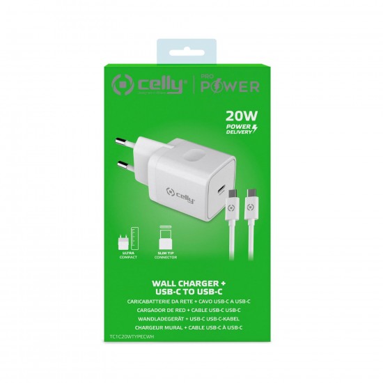 CELLY 20W USBC MAINS CHARGER AND USBC-USBC CABLE WHITE TC1C20WTYPECWH